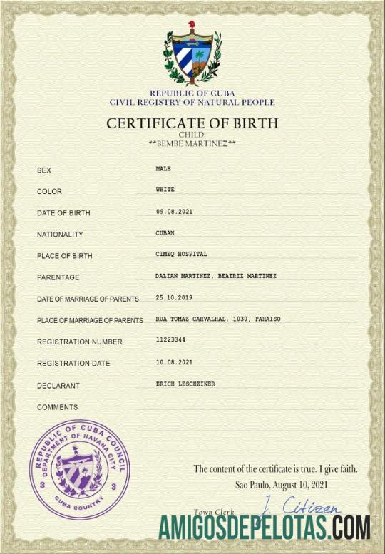 Em branco modelo PSD de certidão de nascimento de registro vital de Cuba